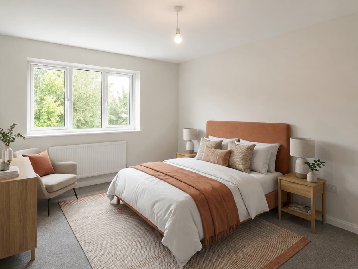 The same principal bedroom, virtually staged