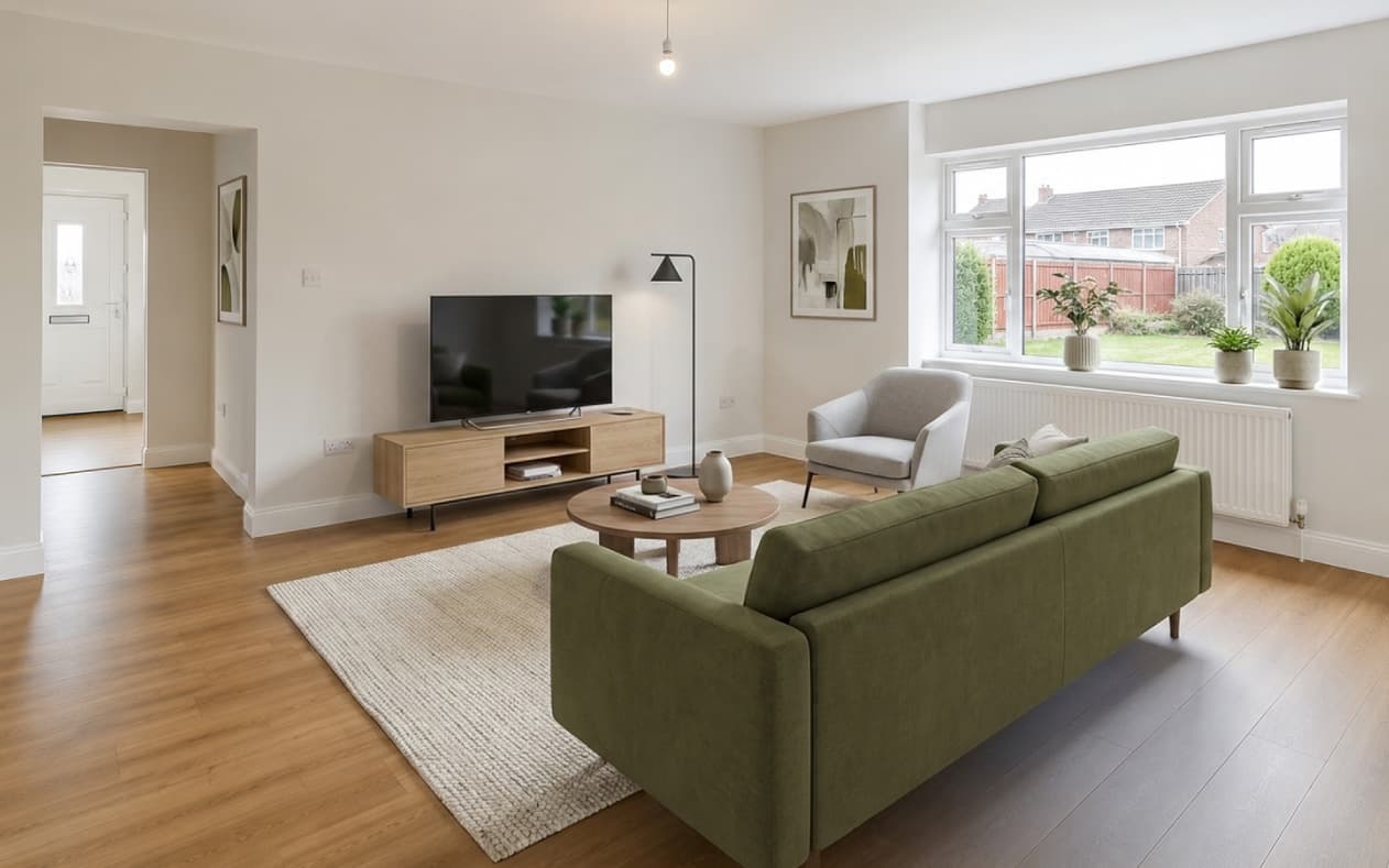 The same room, virtually staged, shown in the embeddable widget preview